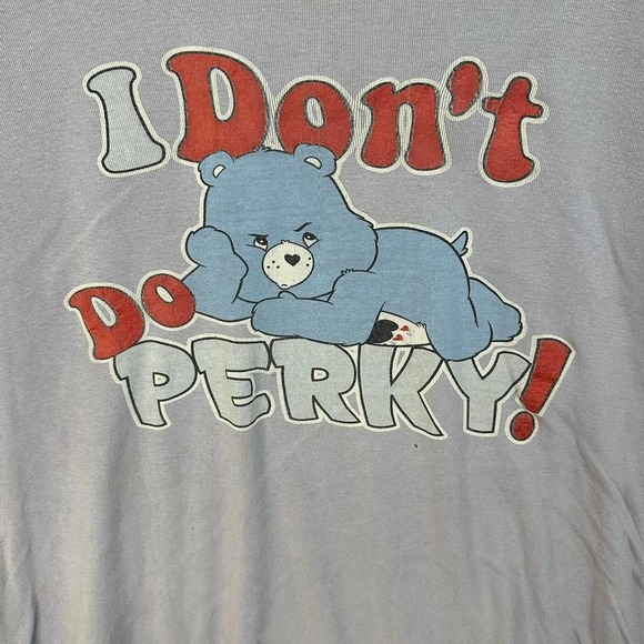 Blue and grey Care Bears "I Don't Do Perky" cotton t-shirt Woman's XL #retro - Picture 2 of 3